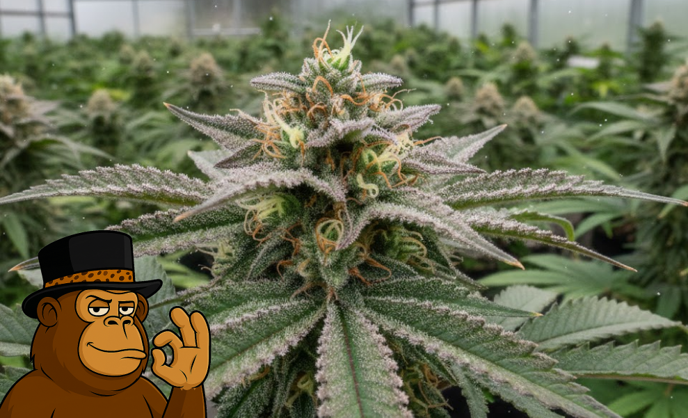 A mature Fruity Pebbles OG plant in the foreground of a large indoor cannabis cultivation room.