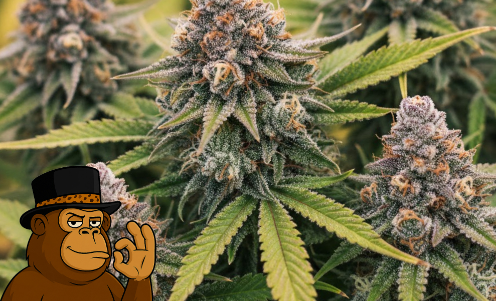 Multiple flowering cannabis colas with purple-tipped leaves and a heavy dusting of silver trichomes.