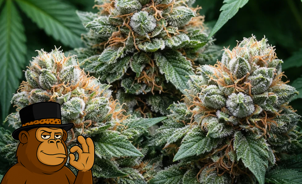 Three large, frosty cannabis buds growing closely together on a branch.