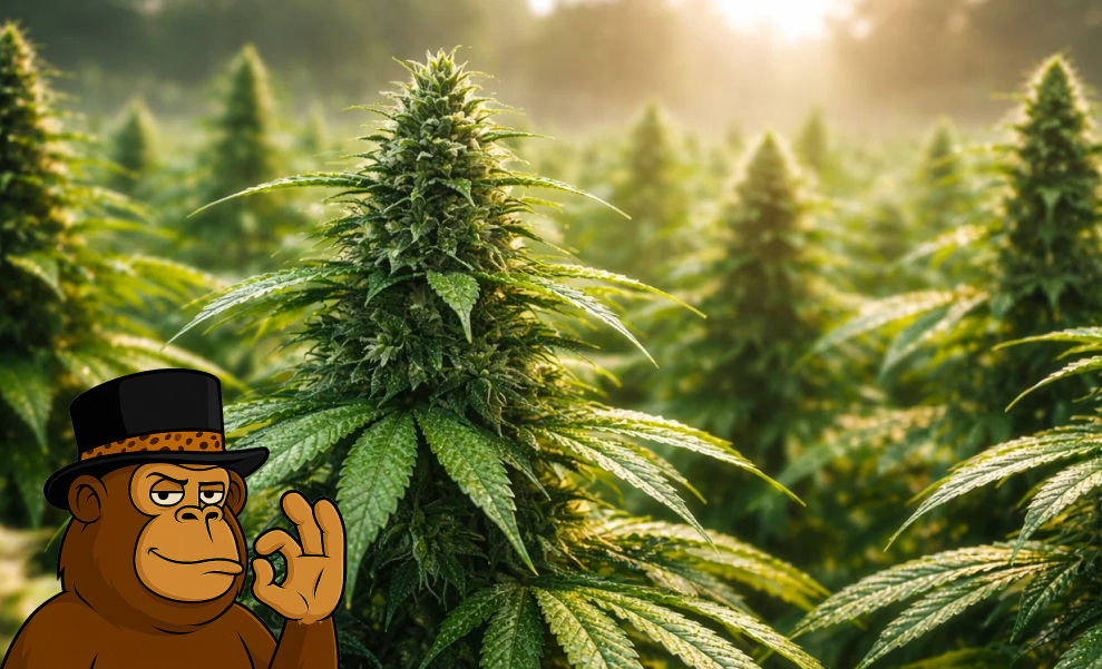 A sprawling view of a thriving indoor or greenhouse cannabis cultivation facility, with rows of mature flowering plants stretching far back. The Gorillape mascot is making an 'OK' sign.