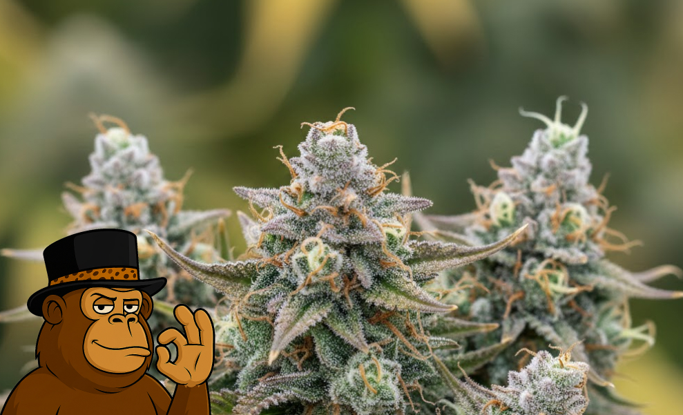 Best Weed Strains In Merced Three premium cannabis buds standing upright, covered in white trichomes and bright orange hairs.