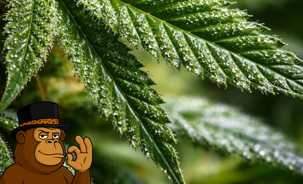 A close-up shot of a vibrant green cannabis leaf covered in fresh dew drops highlighting plant health.