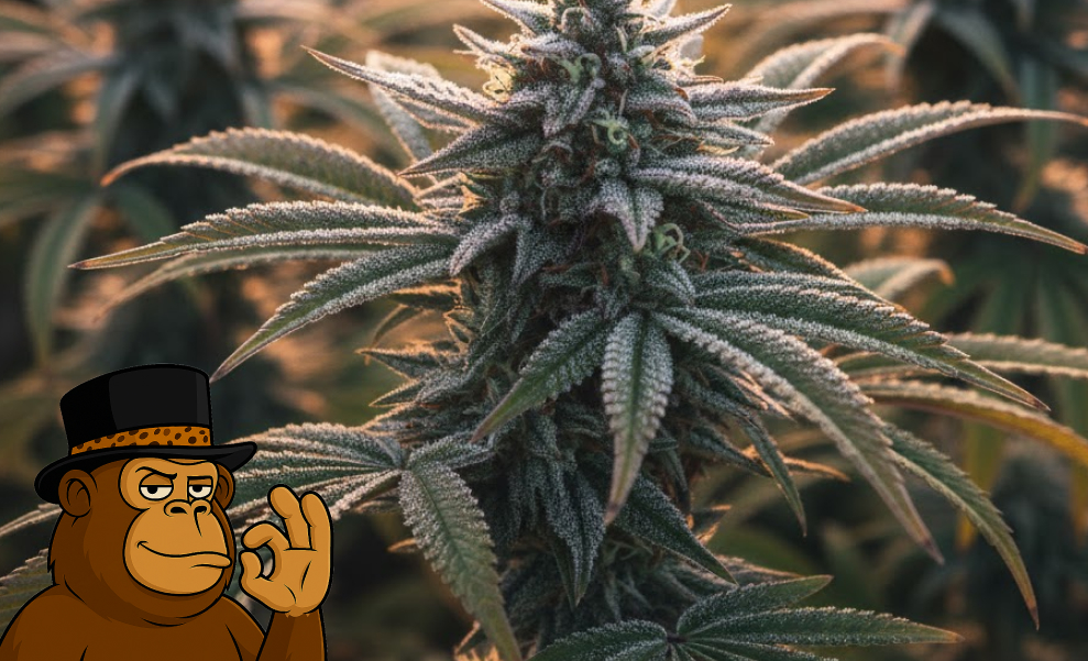 A large, frosty cannabis bud on a living plant with a blurred background of a local cultivation site.