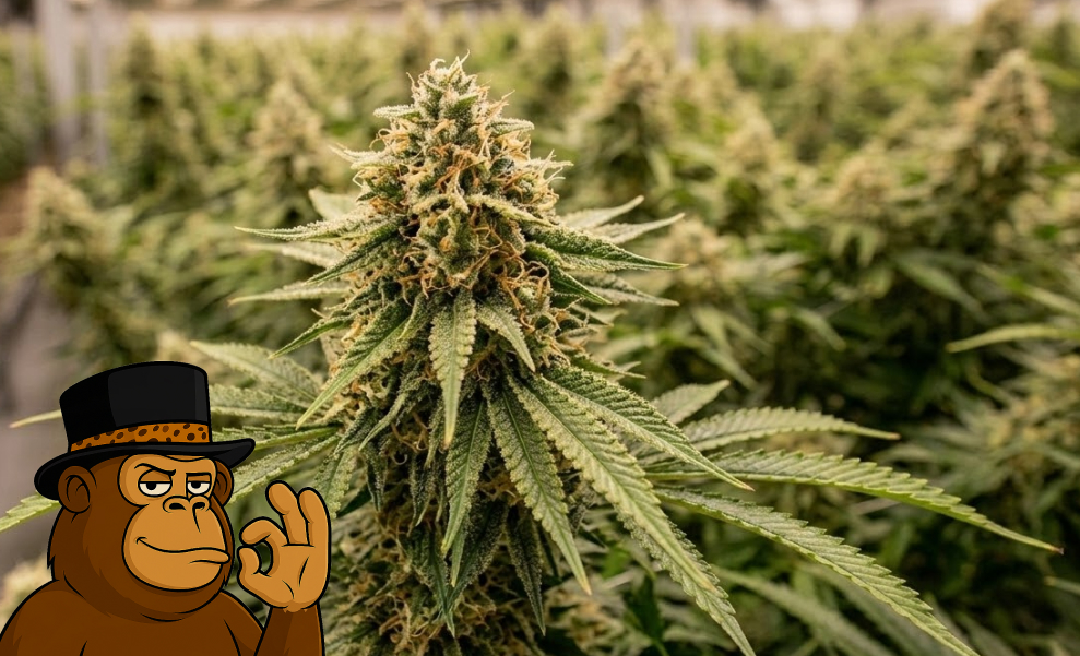 An extreme close-up of a green cannabis fan leaf covered in sparkling white trichomes and resinous crystals.