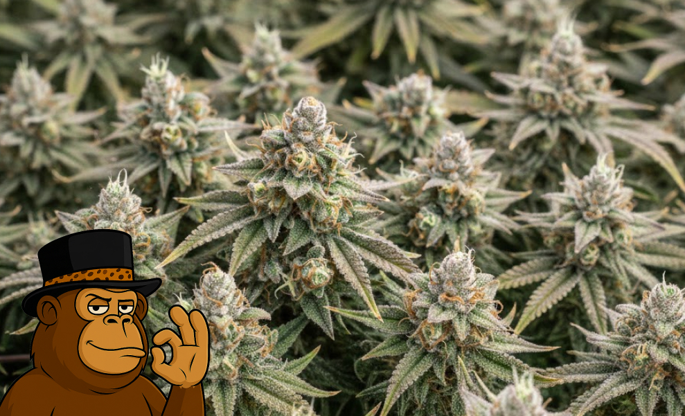 An extreme close-up of a green cannabis leaf covered in sparkling white trichomes and resinous crystals.