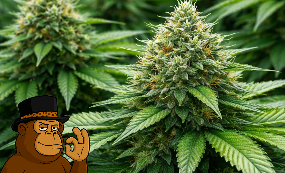 A thriving cannabis plant with a large, frosted main cola surrounded by lush green foliage in a professional grow setting.