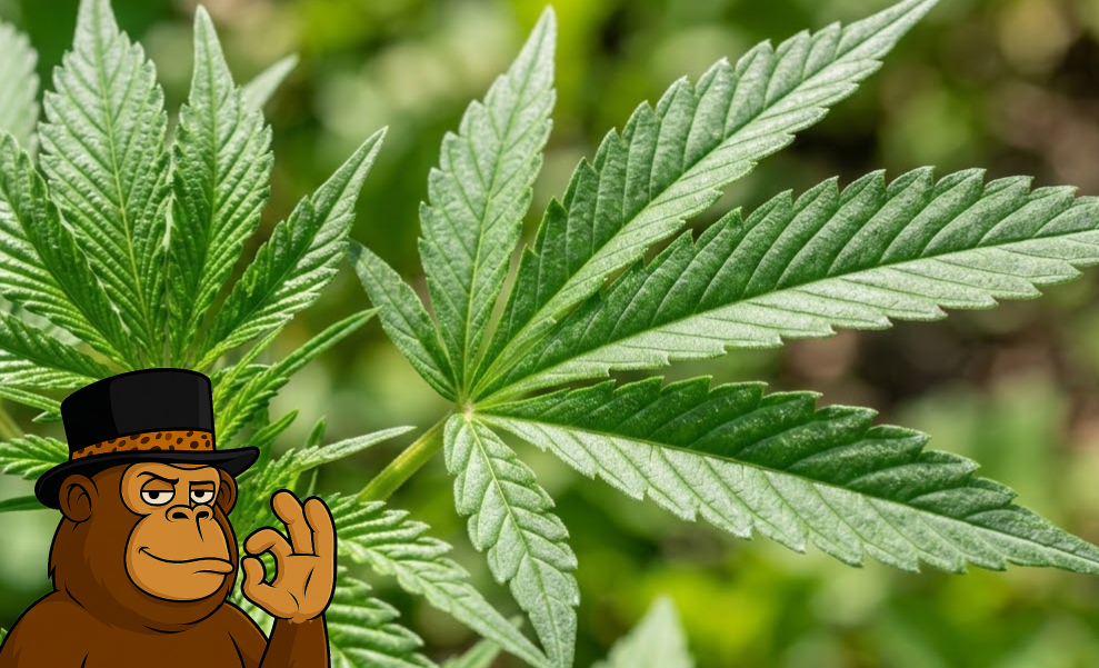 A bright green cannabis fan leaf covered in a fine layer of white, sparkling trichomes.