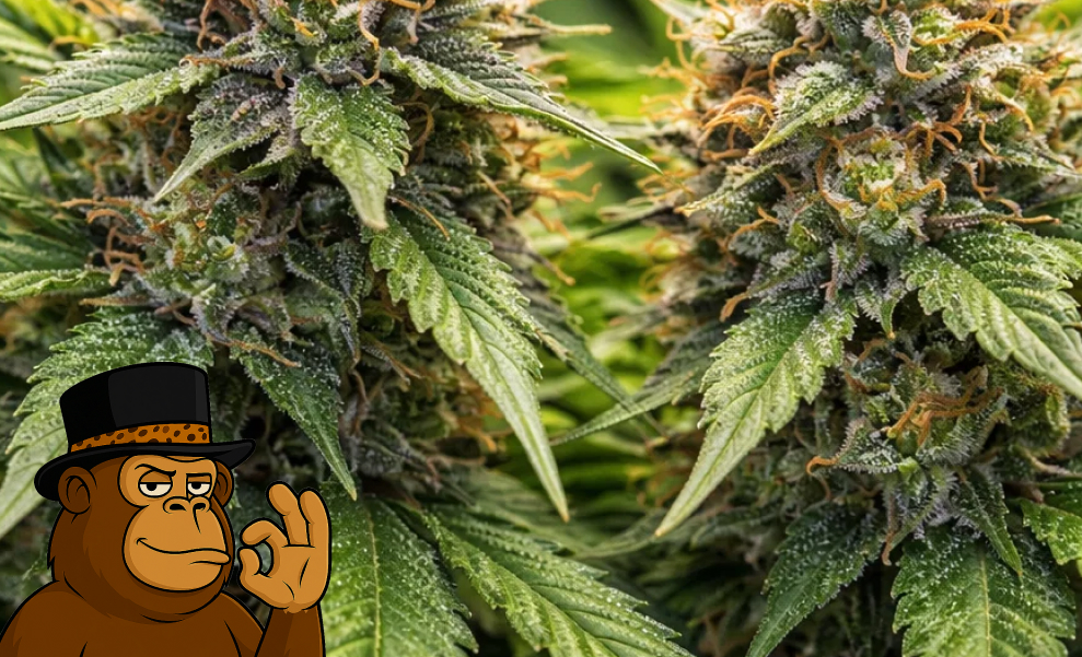 Two large cannabis colas on a living plant covered in white crystals, highlighting the best weed strains in Huntington Beach.