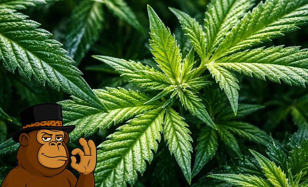 Close-up of vibrant green cannabis leaves with a crystalline texture.