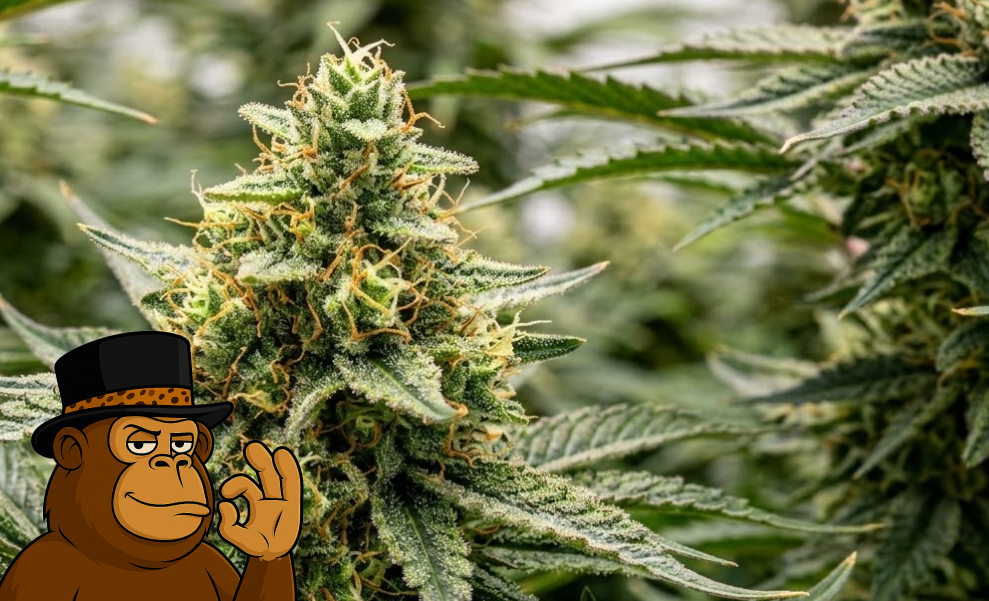 Best Weed Strains In Long Beach An extreme close-up of a vibrant green cannabis leaf covered in sparkling white trichomes and resinous crystals.