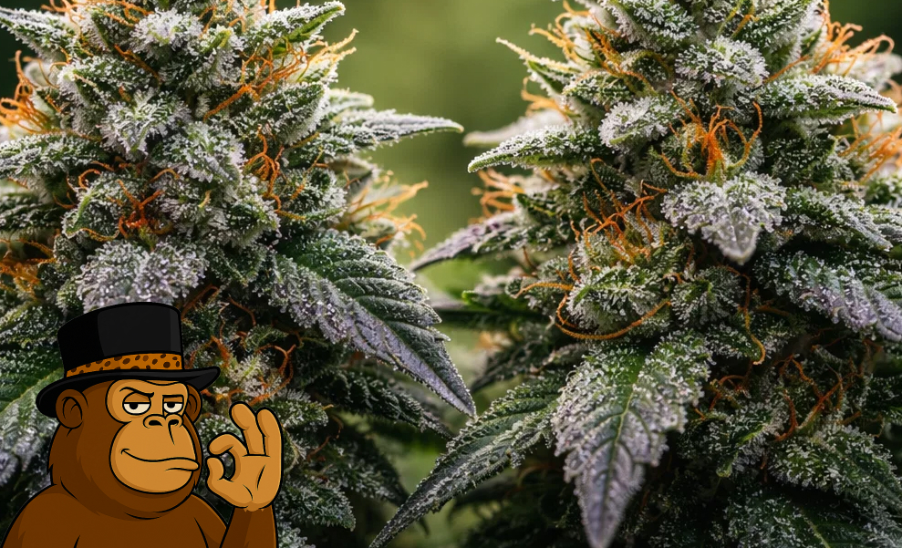 Best Weed Strains In Palm Desert Two dense cannabis flower colas covered in white frost and bright orange hairs.
