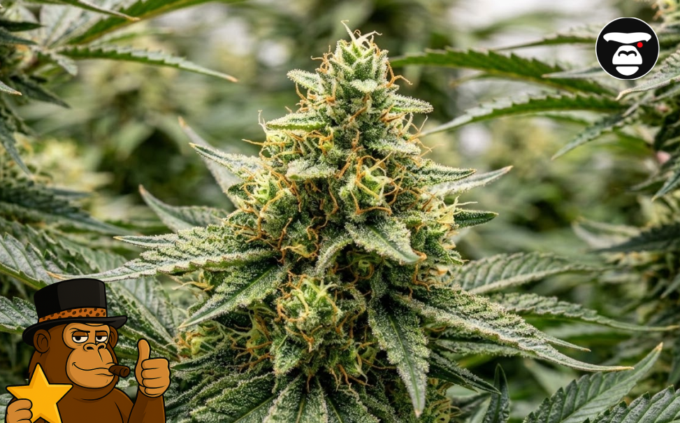 Best Weed Strains In Oroville A close-up of a maturing cannabis plant with heavy frosting on the leaves, representing the best weed strains in Oroville.